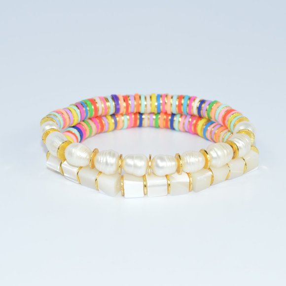 Heishi Pearl Trendy Gold Colorful Beaded Bracelet - Picture 2 of 4